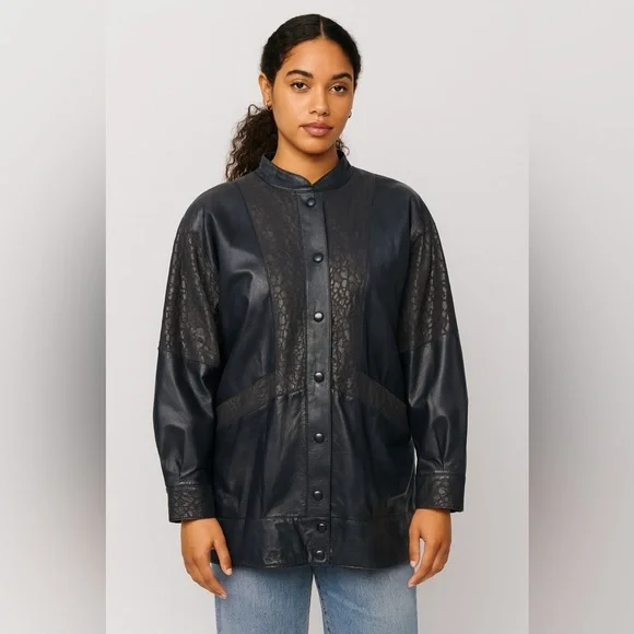 Vtg Oscar Leopold Deep Navy Animal Print Panels Retro Genuine Leather Jacket P/S - Picture 1 of 11